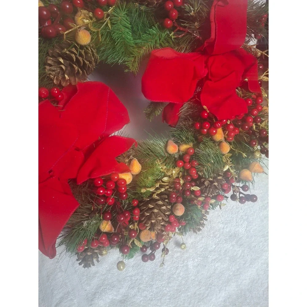 Christmas Wreath Red Velvet Bows Berries Pinecones Artificial Holiday Decor